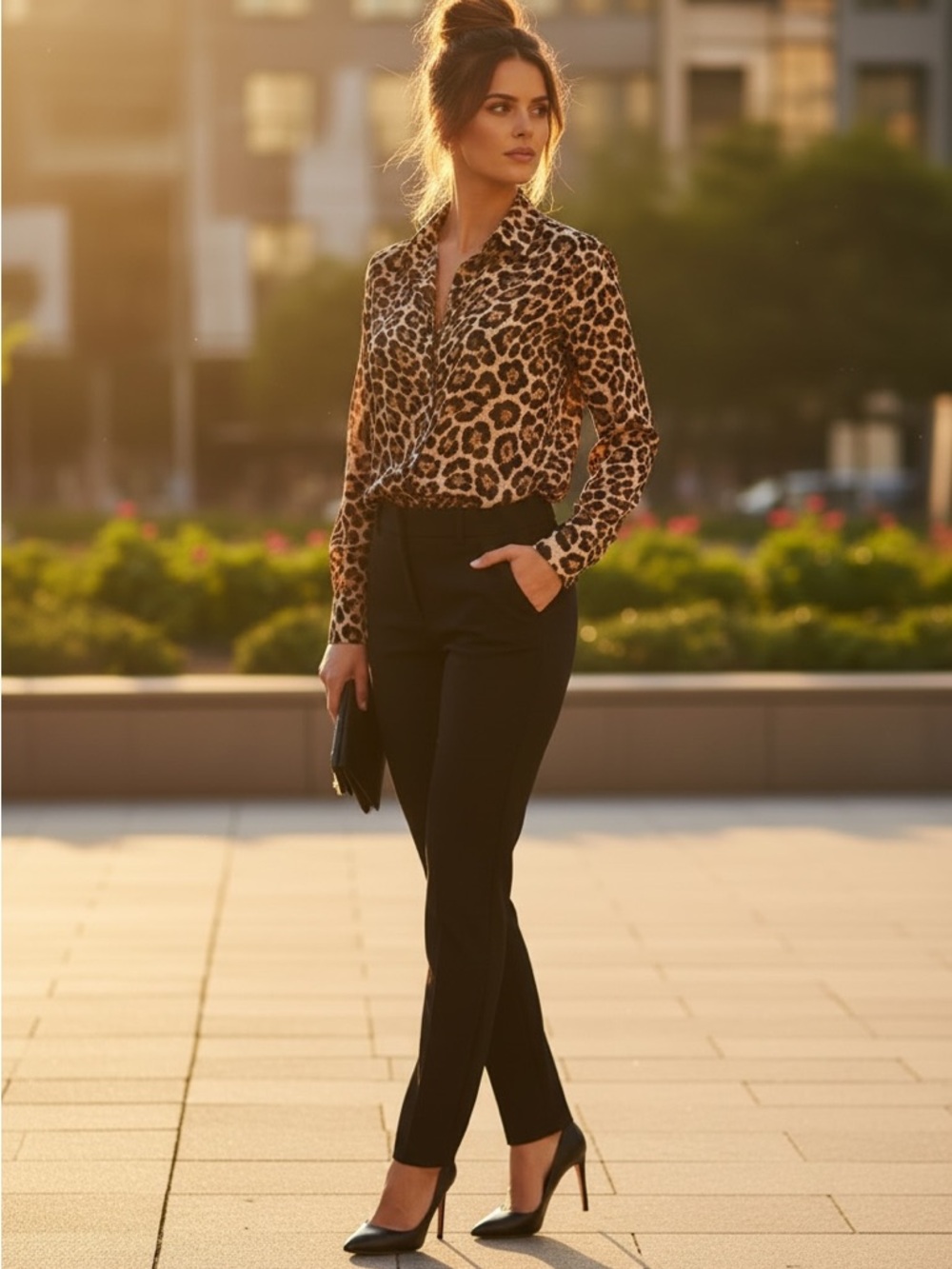 Leopard Print Chiffon Blouse Button Front Lightweight Top Medium